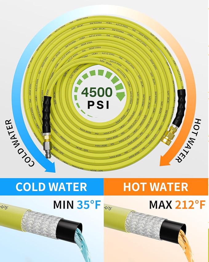 Pressure Washer Hose 200FT 3/8" for Cold and Hot Water 212°F, with Swivel Quick Connect, 4500PSI Kink Resistant Grade Steel Wire Braided, Power Washer Hose With 2pcs M22-14mm Adapter