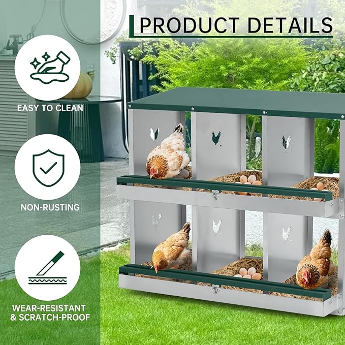 Chicken Nesting Boxes, 4-Hole Nesting Boxes for Chicken Coop with Lid, Metal Laying Boxes for Hens with Swing Perch and Roll Away Egg Collection for Chicken Coop, Double Layer 4 Compartments