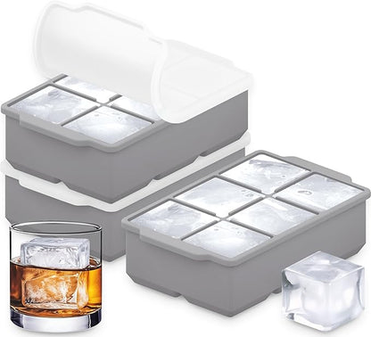 KitchFort® Large Silicone Ice Cube Tray (3-Pack), Easy Release 2" Big Ice Cubes - Cocktail, Whiskey Ice Cubes Mold - Ice Trays for Freezer with Lid - Stackable Silicone Ice Tray - Gray