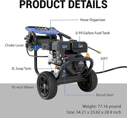 3600 PSI Gas Pressure Washer, 2.3 GPM Heavy-Duty Power Cleaner with 212CC Engine, 5 Quick-Connect Nozzles, 30FT Hose & Reel, Maintenance-Free Axial Cam Pump, for Commercial, Home Cleaning