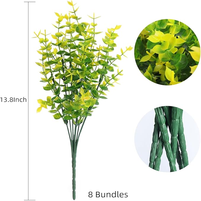 RECUTMS Artificial Boxwood Plants Outdoor Fake Spring Plants Uv Resistant Artificial Shrubs for Outdoors Greenery Stems Outdoor Flowers That Look Real Artificial Eucalyptus (Yellow Eucalyptus)