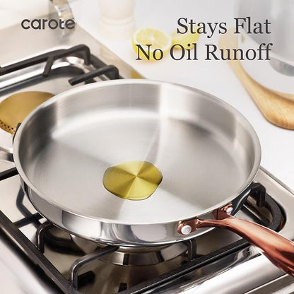 CAROTE 10" Tri-Ply Stainless Steel Frying Pan, Non-Toxic Egg Pan Omelet Pan, Oven Safe, Induction, Ceramic and Gas Cooktops Compatible, Polished Silver