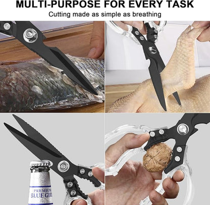 CGBE Kitchen Scissors, Multi-Purpose Kitchen Shears, Heavy Duty Food Scissors for Chicken, Poultry, Fish, Meat & Herbs with Non-Slip Grips (Transparent Black)
