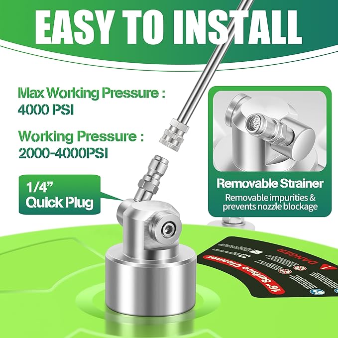 16'' Pressure Washer Surface Cleaner with 4 Wheels - Stainless Steel Surface Cleaner for Pressure Washer Attachment for Concrete, Driveway, Patio, Sidewalk, Deck and Driveways