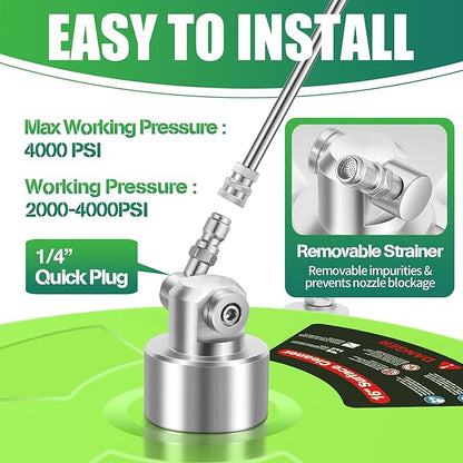 16'' Pressure Washer Surface Cleaner with 4 Wheels - Stainless Steel Surface Cleaner for Pressure Washer Attachment for Concrete, Driveway, Patio, Sidewalk, Deck and Driveways