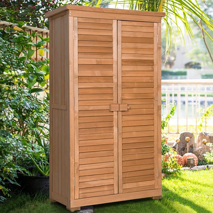 Goplus Outdoor Storage Cabinet, Wooden Storage Shed with Latch, Detachable Shelves & Weather Resistant Pitch Roof, Vertical Garden Tool Organizer for Outside Yard Patio Deck