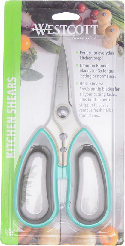 Westcott Titanium-Bonded Soft Handle Kitchen Shears for Herbs, Teal - 6.5-Inch Versatile Kitchen Shears with Precision Cutting Tips and Built-In Herb stripper for Easy Handling and Comfort