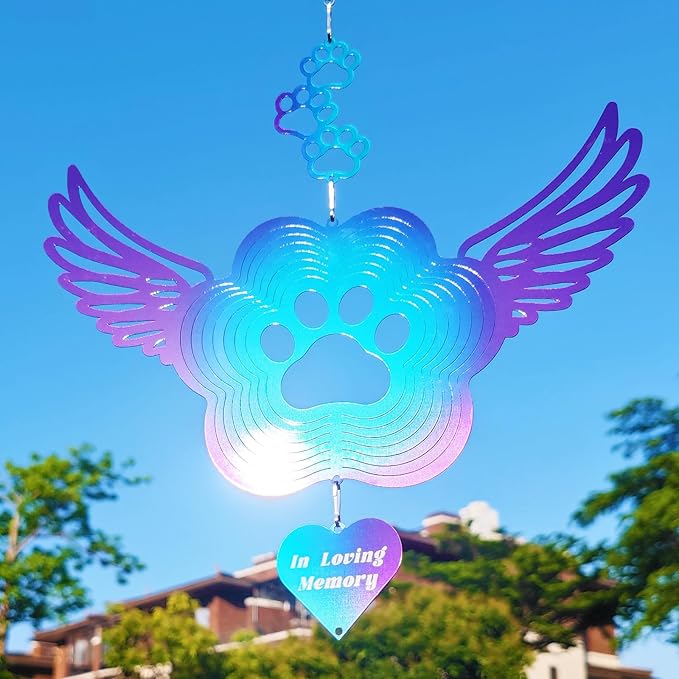 DJUAN Pet Memorial Wind Spinners, Cat Memorial Gifts,Stainless Steel Angel Wings Pet Paw Print,Dogs and Cats Remembrance, Pet Sympathy,Pet Loss Bereavement Gifts