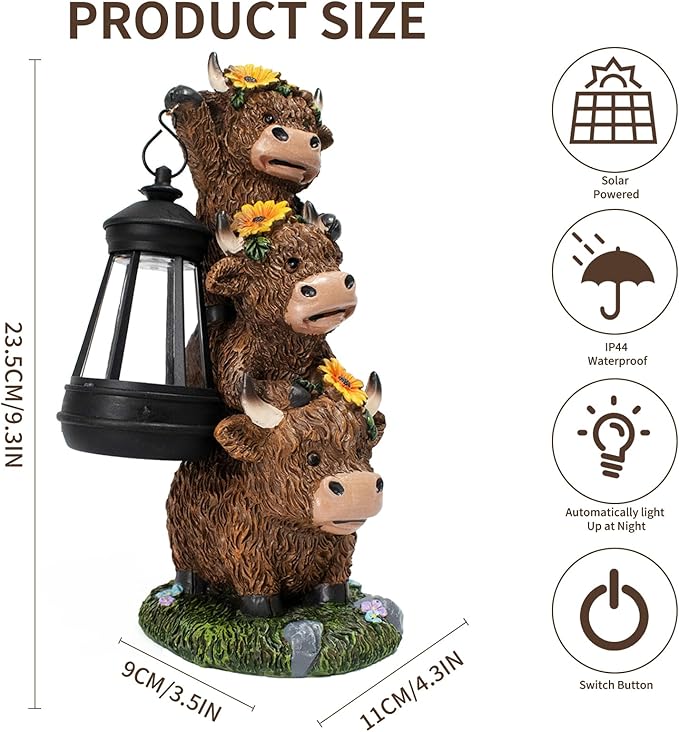 Solar Three Highland Cow Statues Outdoor Garden Decor with Latern Funny for Yard Lawn Ornaments Porch Patio Balcony Home Birthday Easter Gifts for Women Grandma Mom