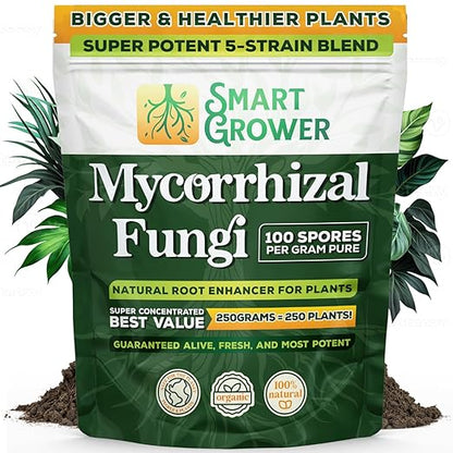 Mycorrhizal Fungi Organic Root Enhancer for Plants, Super Potent 100 Spores Per Gram, 5-Strain Blend, Rapid Results for Gardens, Houseplants, Lawns, Mycorrhizae Smart Grower 250 Grams for 250 Plants