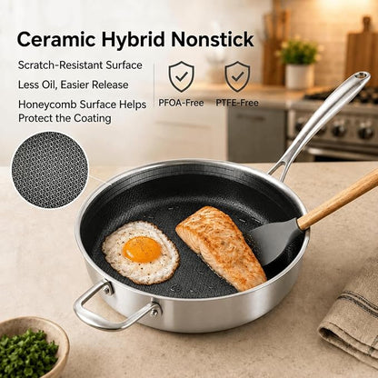 DELARLO Tri-Ply Stainless Steel 12 Inch Deep Frying Pan with lid,7QT Saute Pan Nonstick,Compatible with All Cooktops,Oven Up to 660℉,Chicken Fryer,Dishwasher-Friendly