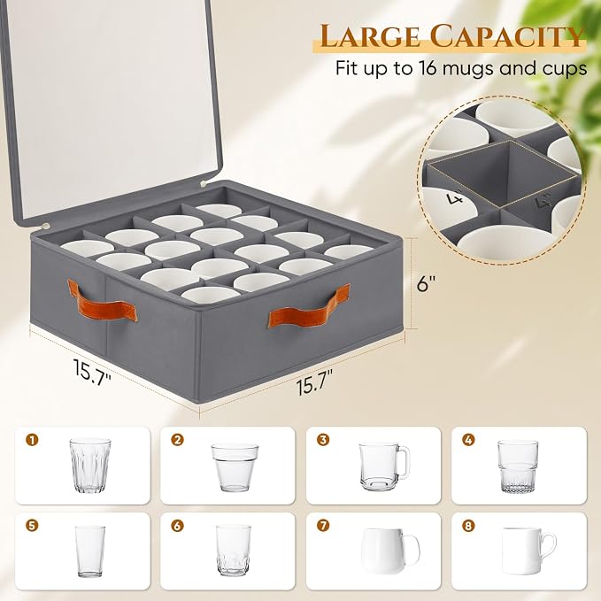 Foyego Cup and Mug Storage Box, Grey | 16 Adjustable Dividers, Hard Shell, with Transparent Lid, 3 Handles, Zippers, Stackable Storage Organizers for Packing&Moving