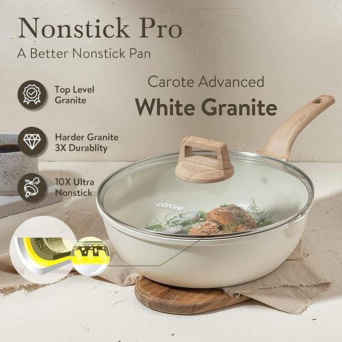 CAROTE 12 Inch Nonstick Deep Frying Pan with Lid, 5.5 Qt White Granite | Kitchen Non-Toxic PFOA Free Cookware, Covered Sauté Pan All Stovetops Compatible, Easy to Clean