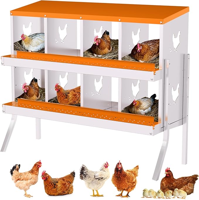 Nesting Boxes for Chickens, Chicken Coop Laying Boxes for Hens with Egg Rollaway System to Protect Eggs, 6/8/10-Hole Galvanized Steel Chicken Nesting Boxes Backyard Farm, Easy to Clean