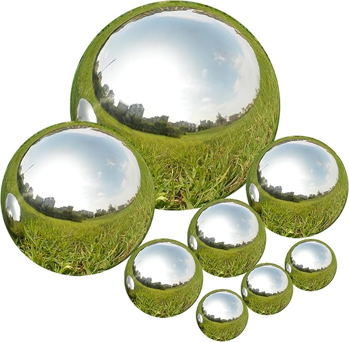 Nerien Gazing Ball, Stainless Steel Garden Mirror Globe, Polished Ornament Sphere, Hollow Floating Reflective Hemisphere, for Home Outdoor Pond Housewarming Swimming Pool Decoration, Silver, 8Pcs