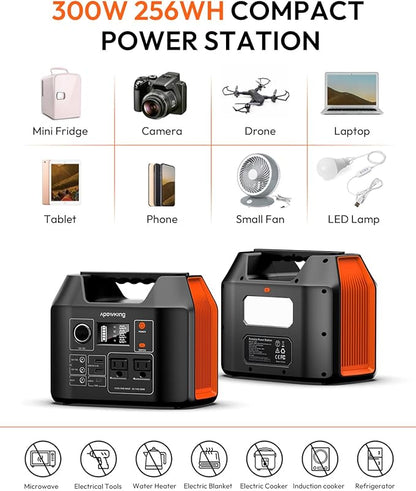 Apowking Portable Power Station 300W Rated(600W Peak), 256Wh LiFePO4 Battery, Solar Powered Power Bank with 2 AC Outlet 110V Pure Sine Wave, Solar Generator for Home Outdoor Camping Emergency