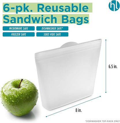 Home Logic Reusable Sandwich Bags - Set of 6 Clear Silicone Freezer Bags, Airtight Leak Resistant Reusable Zip Bags for Kitchen Home Food Prep, Microwave & Sous Vide Safe