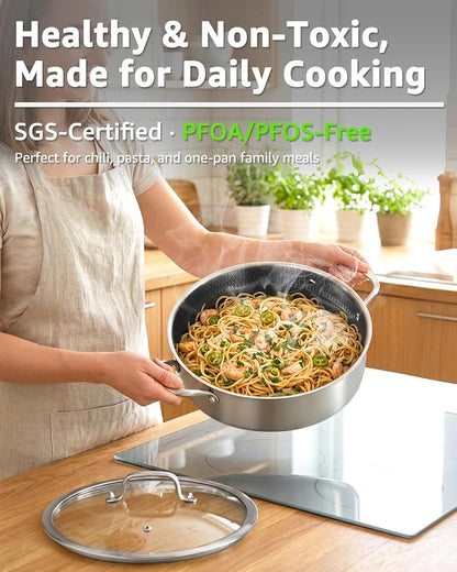 LOLYKITCH 5-Quart Deep Frying Pan with Lid | 12 Inch | Riveted Handles | Ceramic Nonstick | Tri-Ply Stainless Steel Skillet | Saute Pan | Hybrid Cookware | Oven & Induction Ready | 3-5 Servings