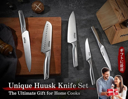 Huusk Kitchen Knife Set with Block & Built-in Sharpener - 14 pcs | Japanese Stainless Steel Knife Block Set, Sharp Chef Knife Set with Scissors, Ergonomic Handle, Gifts for Men Women