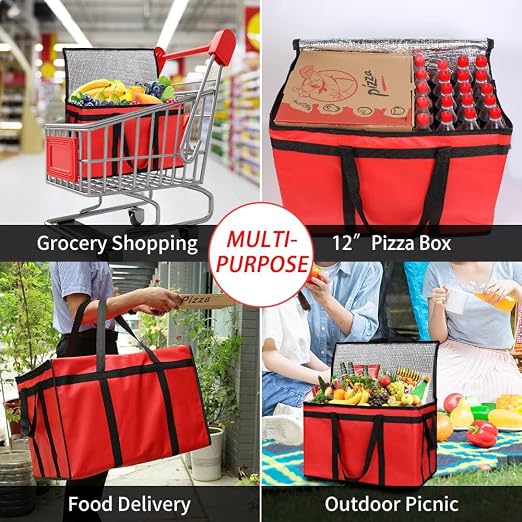 Insulated Food Delivery Bag with Hard Bottom, XXX-Large Insulated Reusable Grocery Cooler/Hot Bags, Tote Bag for Shopping/Travel, Red, 3-Pack