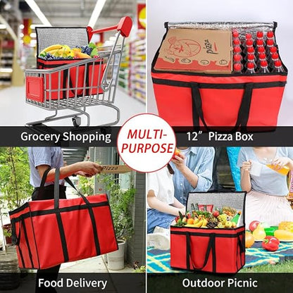 Insulated Food Delivery Bag with Hard Bottom, XXX-Large Insulated Reusable Grocery Cooler/Hot Bags, Tote Bag for Shopping/Travel, Red, 3-Pack