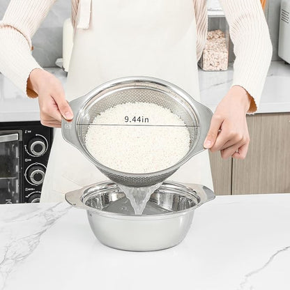 Paoli 304 Stainless Steel Fine Mesh Colander Set, 2.5QT Large Capacity Strainer with Mixing Bowl — Rinse Fruits, Veggies, Rice & Drain Pasta, Dishwasher Safe (2-Piece)
