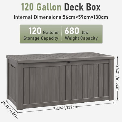 120 Gallon Outdoor Storage Box, Resin Deck Boxes Outdoor Waterproof For Patio Furniture, Garden Tools, Pool Supplies, Durable And UV Resistant, Lockable