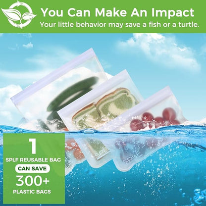 SPLF 6 Pack Dishwasher Safe Reusable Gallon Freezer Bags, White | Extra Thick Reusable Storage Bags Leakproof Silicone and Plastic Free for Marinate Meats, Cereal, Sandwich, Snack, Travel
