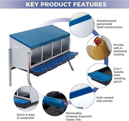 4-Compartment Metal Chicken Nesting Box with Stand – Heavy Duty Poultry Nest with Removable Tray & Waterproof Roof – Non-Slip Base, Wall Mountable for Backyard Coops & Farms (Blue)