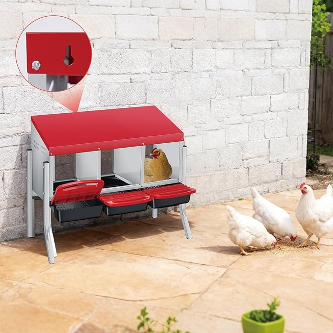 Chicken Nesting Boxes, Metal Rollaway Chicken Nest Box with Rollout Egg Collection, Removable Tray & Nesting Pads, Egg Laying Box for Chicken Coop Hens, Wall Mount or Standing, 3 Compartments, Red
