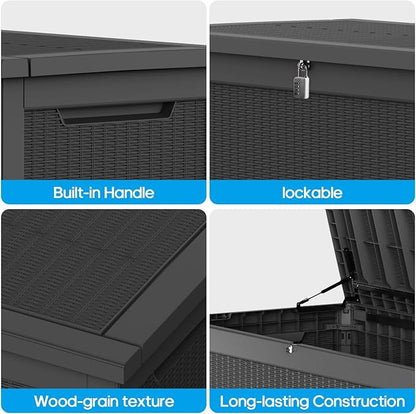 320 Gallon Waterproof Black Deck Box, Lockable Resin Storage Box for Patio Furniture Cushions Garden Tools and Outdoor Delivery Storage