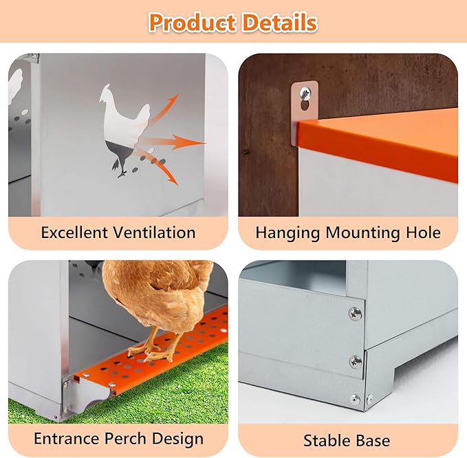 Chicken Nesting Boxes, 3 Rooms Hens Nest Box, Metal Poultry Nest Box Wall Mount for Chickens Egg Laying Box Collection Vented Holes Chicken Coop Cages Equipment, Orange (3 Rooms)