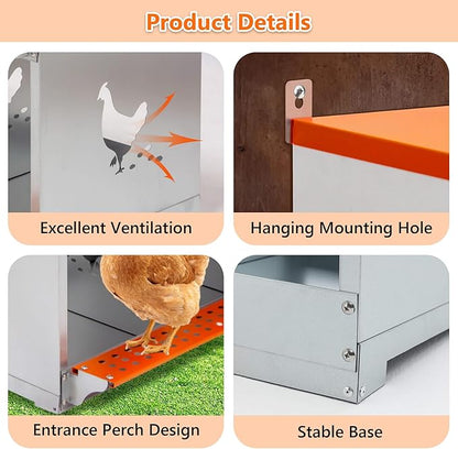 Chicken Nesting Boxes, 3 Rooms Hens Nest Box, Metal Poultry Nest Box Wall Mount for Chickens Egg Laying Box Collection Vented Holes Chicken Coop Cages Equipment, Orange (3 Rooms)