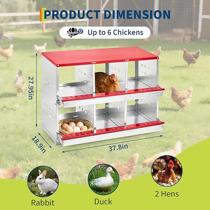 Heavy Duty Metal Chicken Nesting Box – 6 Compartments, Rollaway Egg Collection, Ventilated, Resting Perch, Wall Mounted/Floor, Easy Clean, Red Covered, 96×48×71cm, with Cover