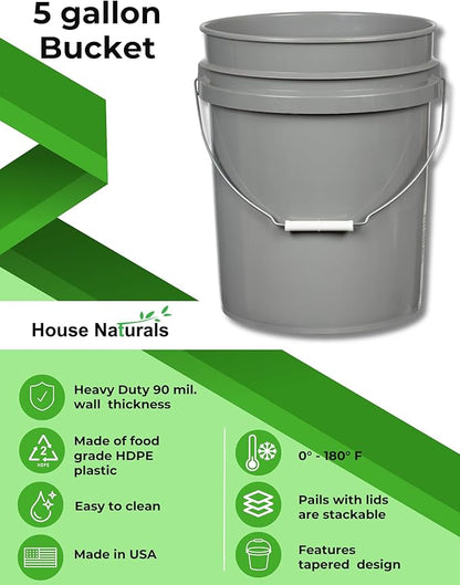 House Naturals 5 Gallon Food Grade Made in USA Plastic Bucket with Screw On Air Tight Double Gasket lid, (Pack of 3) (Gray Buckets - Aqua Lids)