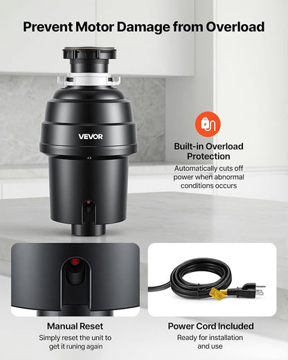 VEVOR Food Waste Garbage Disposal, 1HP 3500RPM DC Motor, Continuous Feed Kitchen Sink Garbage Disposer, EZ Connect Food Waste Grinding System with Sound Reduction & Power Cord for Kitchens
