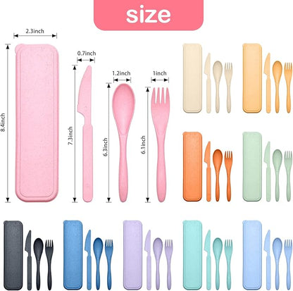 Reusable Travel Utensils Set with Case, 10 Sets Wheat Straw Portable Knife Fork Spoons Cutlery, Eco-Friendly BPA Free Plastic Tableware for Kids Adults Travel Picnic Camping Silverware