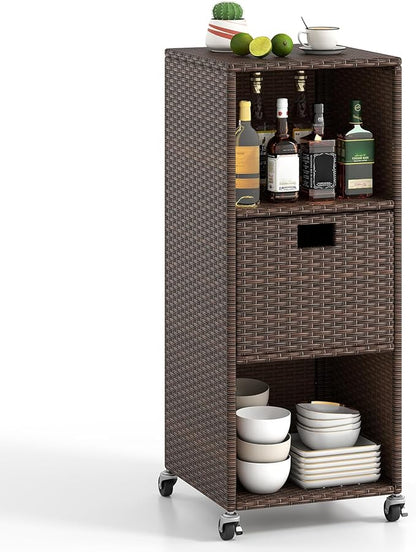 Tangkula Rattan Outdoor Storage Cabinet, Patiojoy Outdoor Wicker Cabinet with 3 Shelves, 1 Removable Drawer, 4 Wheels, Patio Storage Deck Box Cart for Backyard Poolside Porch (Mix Brown)