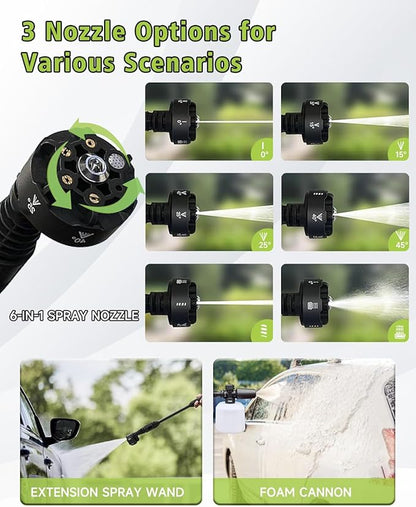 Portable Cordless Pressure Washer with Faucet Adapter - 2 Pack Batteries 1200PSI Cordless Power Washer Battery Operated with 6-in-1 Nozzle, Adjustable Foam Cannon LCD Touch Screen for Car Garden