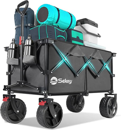 Collapsible Wagon Cart with Big All-Terrain Beach Wheels, Foldable Heavy Duty Wagons with Cup Holders, Utility Carts for Camping, Garden, Outdoor, Grocery, Sports. Grey