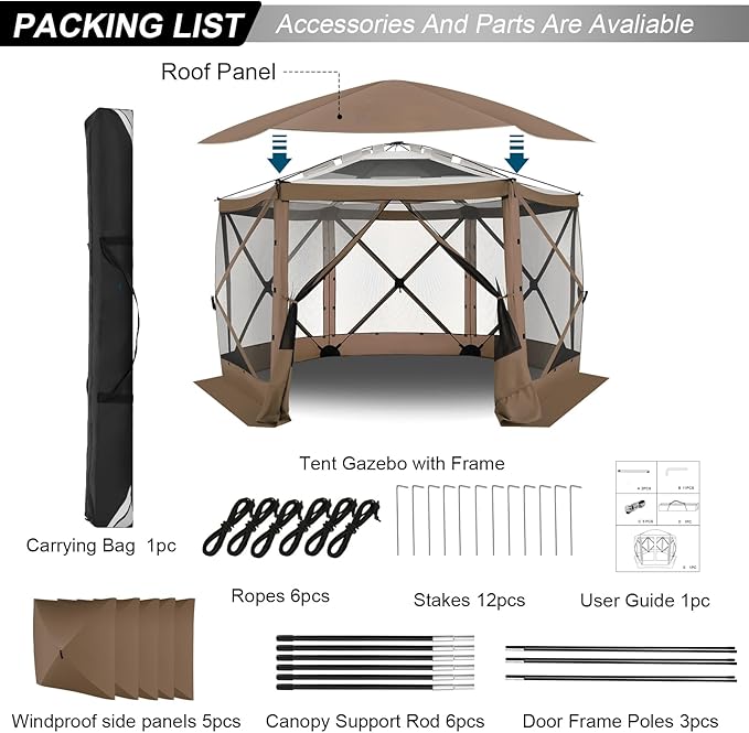 COBlZl 12x12 pop up Gazebo on Clearance Screen Canopy Tent for Camping,Outdoor Instant Stargazing Gazebo,Portable Hub Tent with Removable Sidewalls,Pavilion for Backyard,Brown