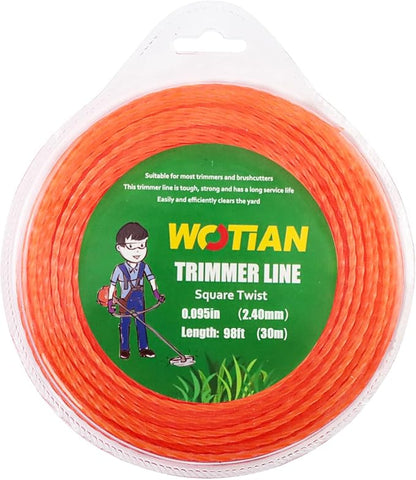 WOTIAN Weed Eater String 0.095-Inches Square Twisted Trimmer Line .095" 98ft Square Twist Weed Wacker String of Premium Nylon Compatible with Stihl Echo Grass Cordless Electric Trimmer,Orange
