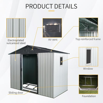Ball & Cast 8x4FT Outdoor Storage Shed,Large Metal Tool Sheds with Window and Foundation,Garden Tool House W/Tilted Roof & Lockable Door,for Backyard Garden Patio Lawn,White+Black