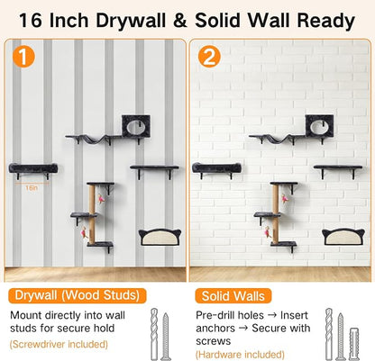 5-in-1 Cat Wall Shelves for Indoor Cats, Wall Mounted Cat Furniture Set with Bed, Perch, Hideaway Condo, Scratching Post & Scratcher, Cat Climbing Wall Playground, Space Saving Design, Black