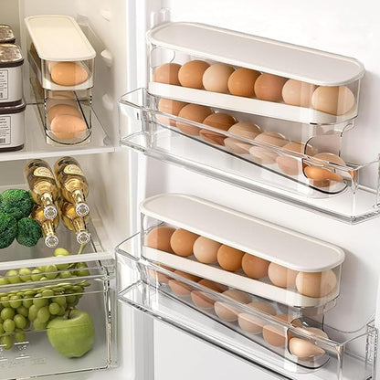 Auto Rolling Egg Holder for Fridge, Space Saving Eggs Dispenser, Sturdy and Durable Egg Traywith Lid, Stackable Fridge Container and Storage for 14 Large Eggs(2PCS)