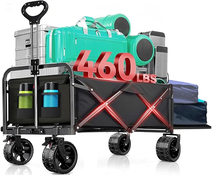 240L Capacity Foldable Wagon with Brakes, 49" Extra Long Extender Wagon Cart 460lbs Heavy Duty Collapsible Utility Cart with All-Terrain Big Wheels for Camping, Shopping, Beach