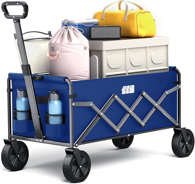 Collapsible Folding Wagon, Heavy Duty Foldable Cart with Wheel, Lightweight Utility Grocery Carts with 200lbs Weight Capacity for Garden, Beach, Camping Sports, Fishing (Royal Blue)