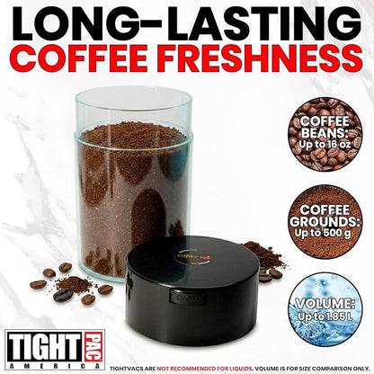 COFFEEVAC 1 LB Airtight Coffee Bean Storage Container, Patented Vacuum Seal, Coffee Grounds Container, 1.85L, Smell Proof, Black Cap and Clear Body