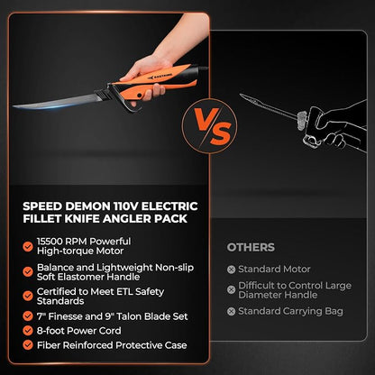 KastKing Speed Demon 110v Electric Fillet Knife for Fish | 7'' & 9'' Blades, 420 Stainless Blade, 15500 RPM AC Motor, Non-Slip Grip & Safety Lock, 8 Foot Power Cord, Protective Case