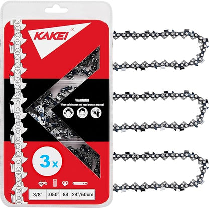 KAKEI 24 Inch Chainsaw Chain 3/8" Pitch .050" Gauge 84 Drive Links Fits Husqvarna 460 (Rancher), Stihl 33RS 84 25"/24" MS390 MS310 MS361 MS460 MS500 - Echo 72LPX84CQ, E84 (3 Chains) - Full Chisel
